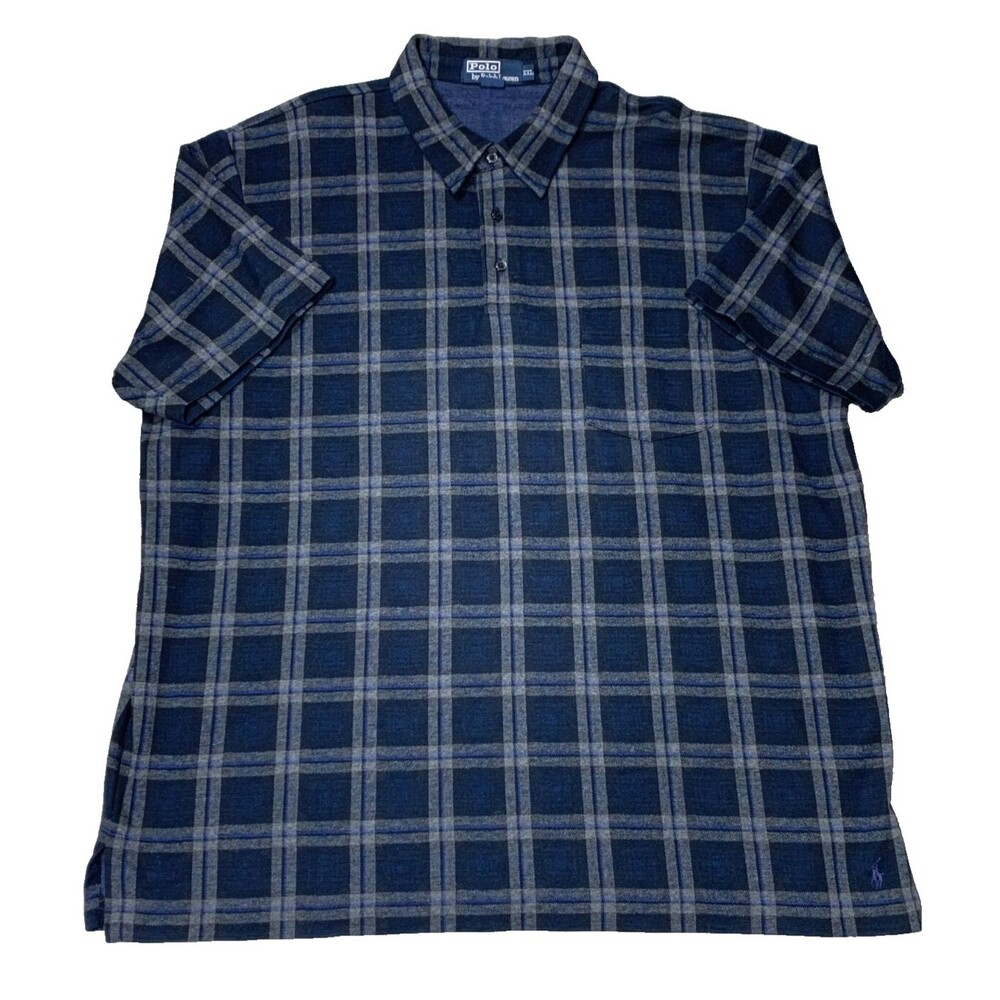 VTG Polo Ralph Lauren Mens XXL Blue Gray Plaid Thick Cotton Knit Polo Shirt